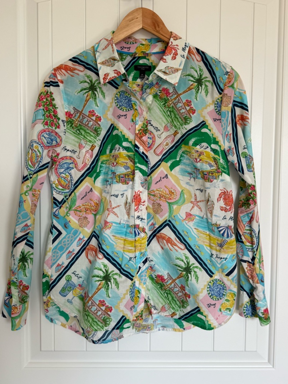 Talbots Colorful French Riviera Coastal Summer Vacation Resort Cotton Shirt MP